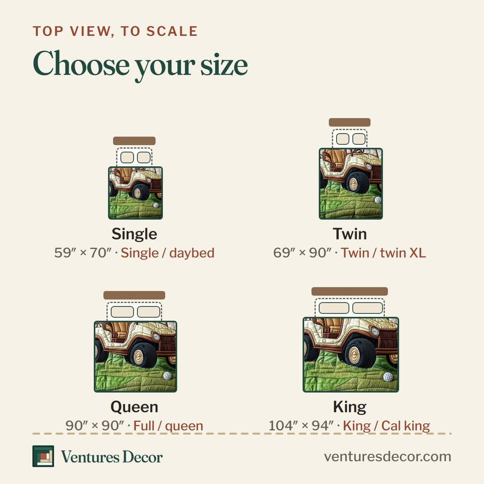 Size guide for the Golf Cart quilt, top view to scale: Single 59 x 70 in, Twin 69 x 90 in, Queen 90 x 90 in, King 104 x 94 in