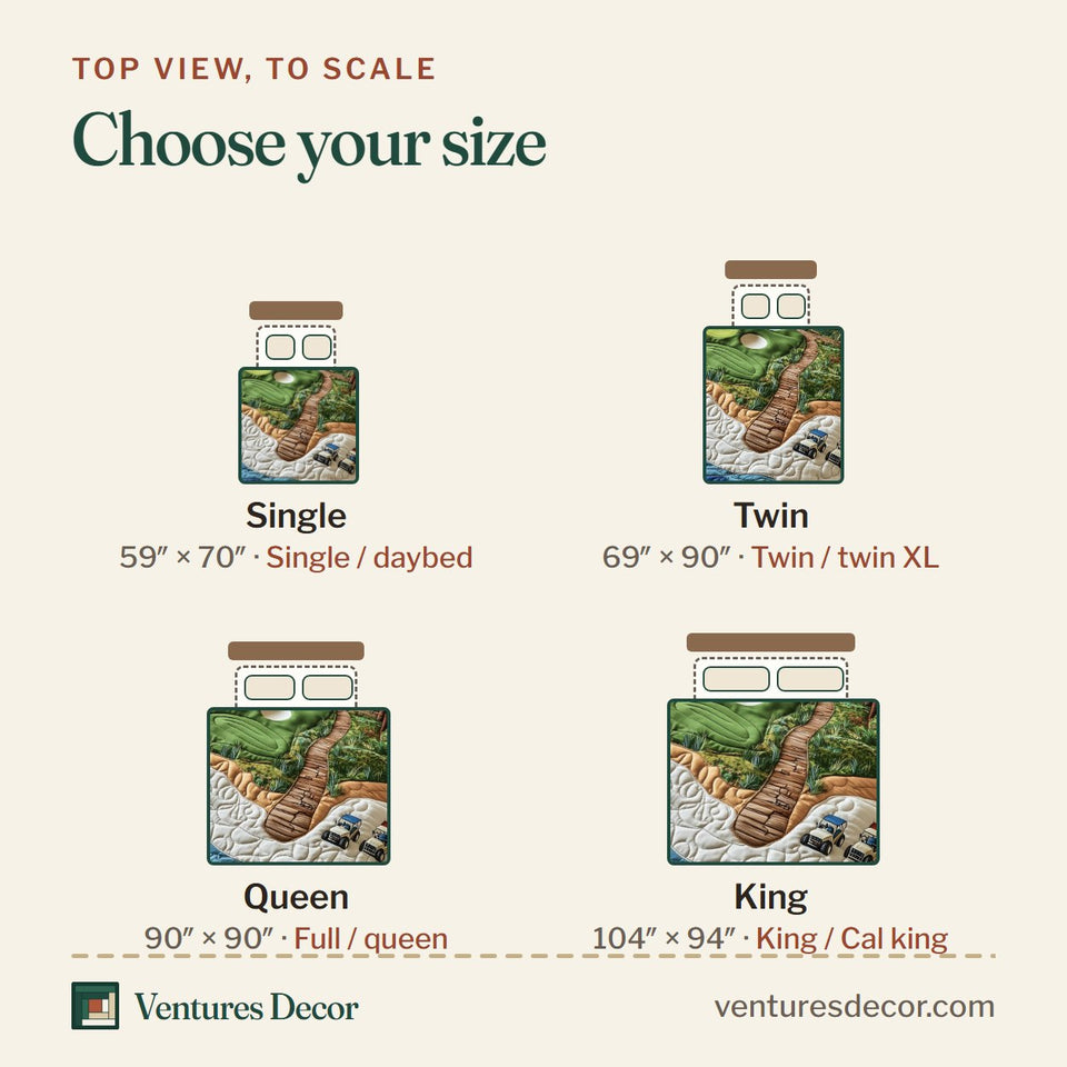 Size guide for the Golf Course Dream River Crossing Carts quilt, top view to scale: Single 59 x 70 in, Twin 69 x 90 in, Queen 90 x 90 in, King 104 x 94 in