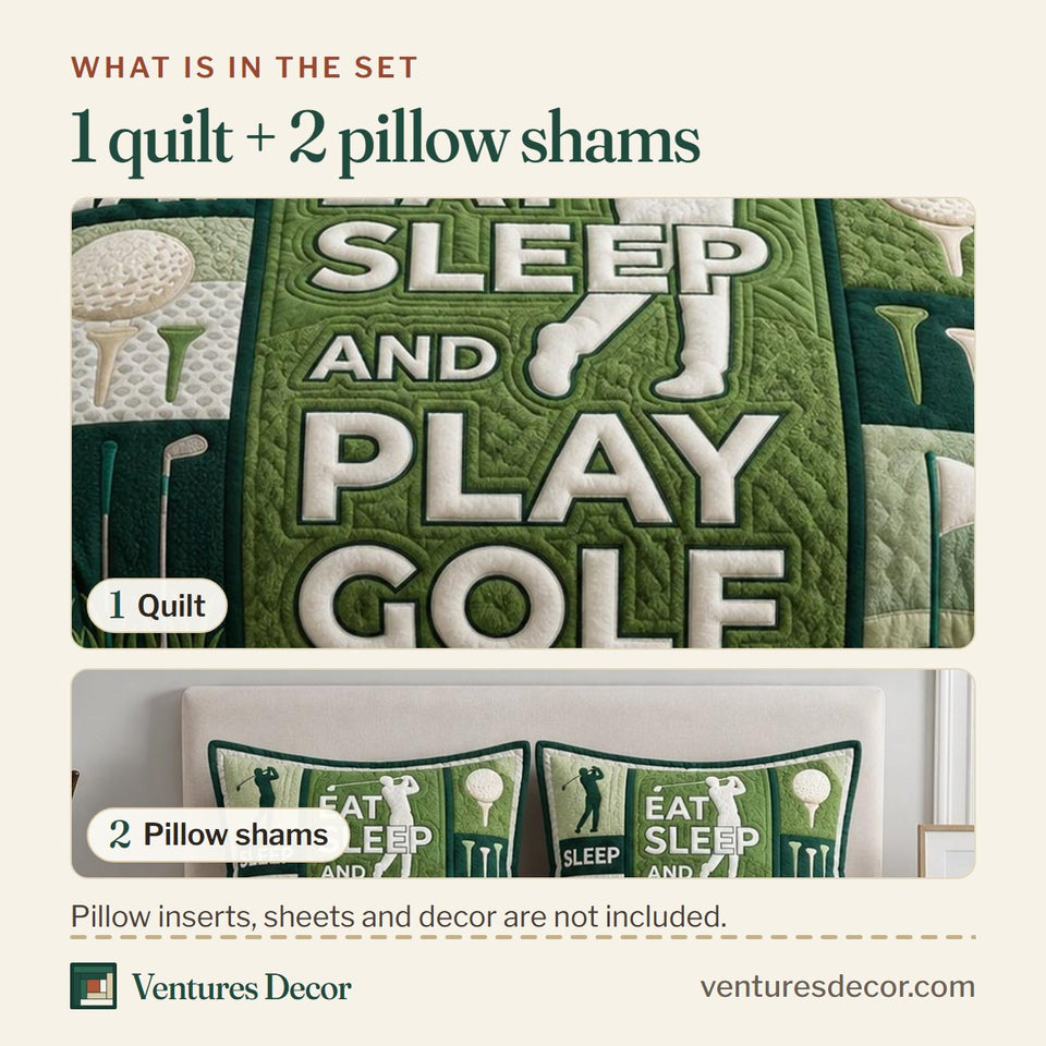 What is in the set: one quilt and two pillow shams, shown in the Golf Course Eat Sleep Play Panel design