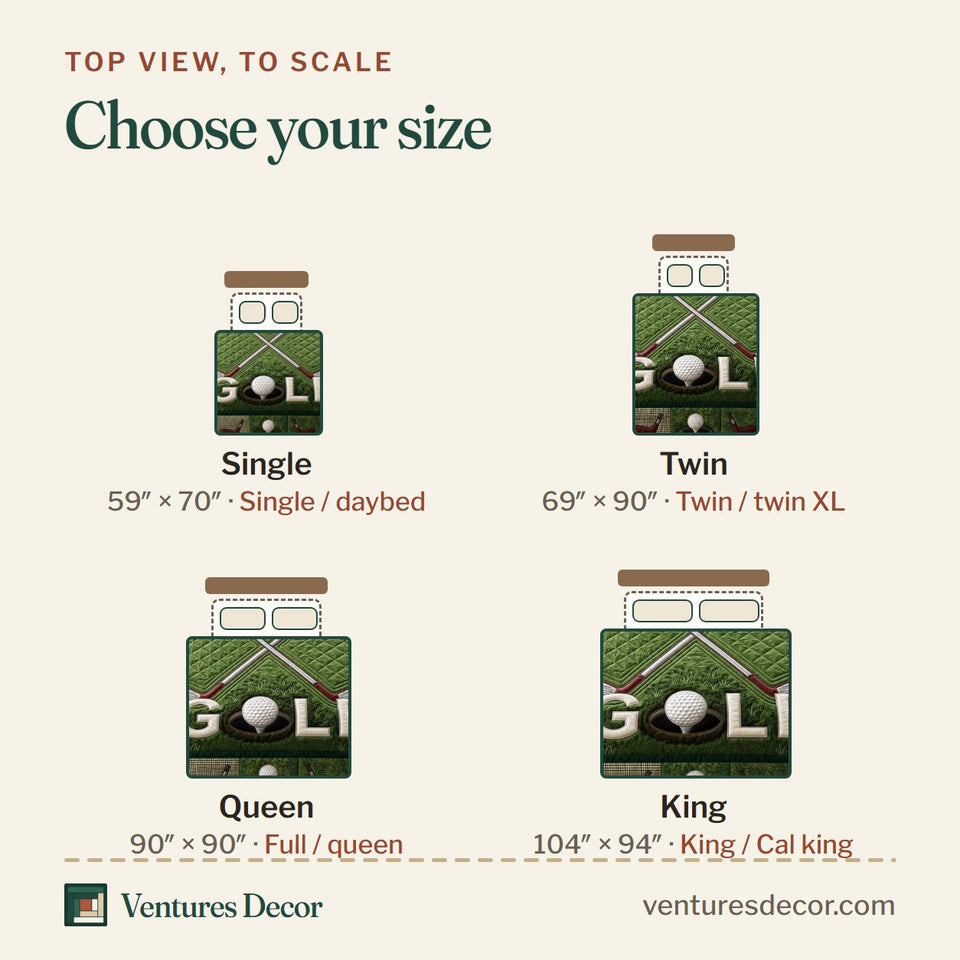 Size guide for the Golf Course Green Block Letters quilt, top view to scale: Single 59 x 70 in, Twin 69 x 90 in, Queen 90 x 90 in, King 104 x 94 in