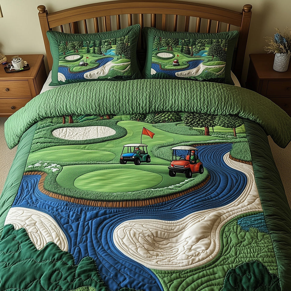 Golf Course Twin Carts by the Stream quilted bedding set, quilt and two pillow shams on a made bed