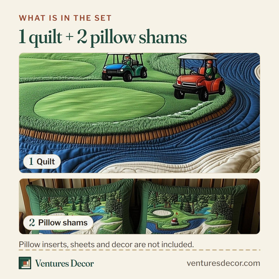 What is in the set: one quilt and two pillow shams, shown in the Golf Course Twin Carts by the Stream design