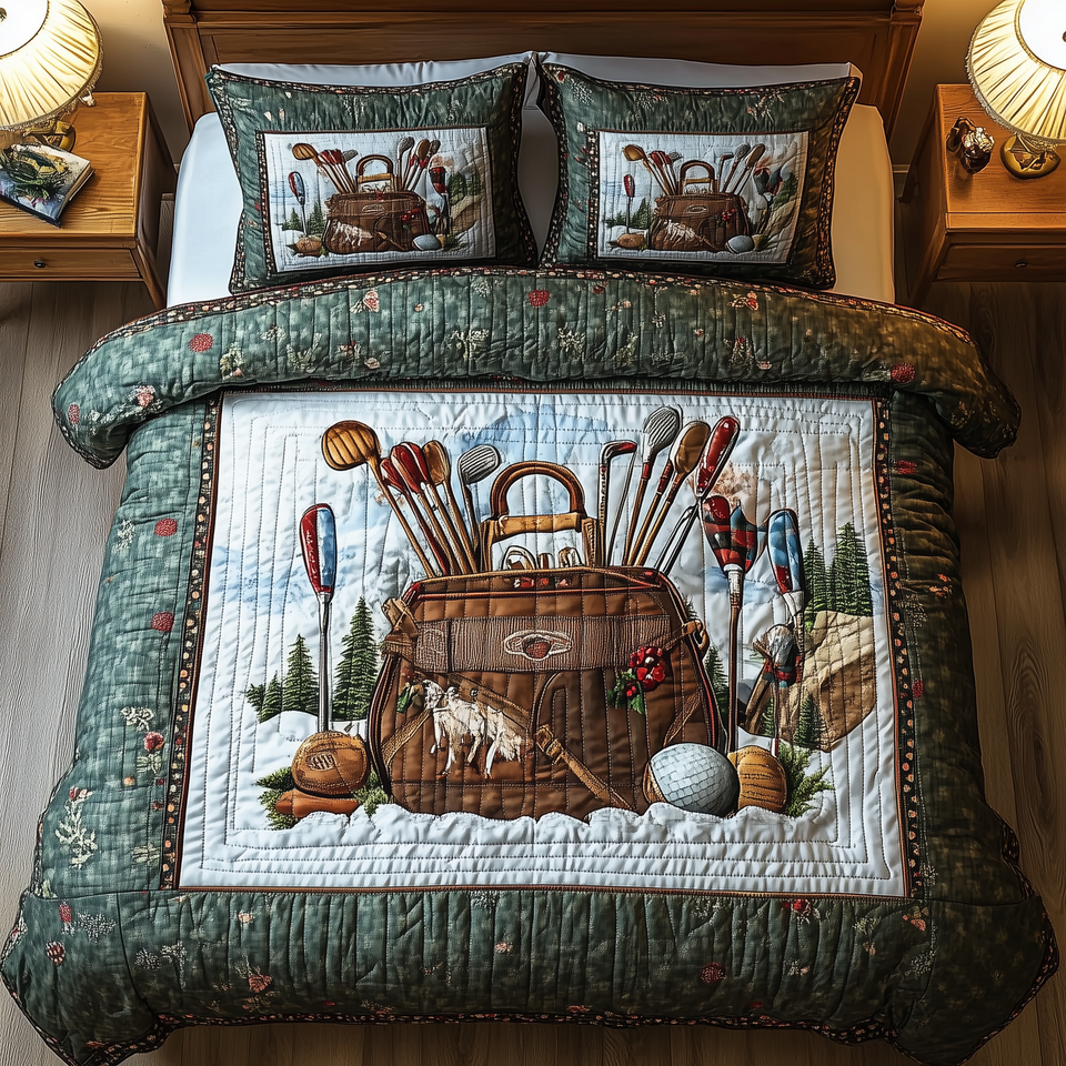 Golf Life Tweed Border Tee Off quilted bedding set, quilt and two pillow shams on a made bed