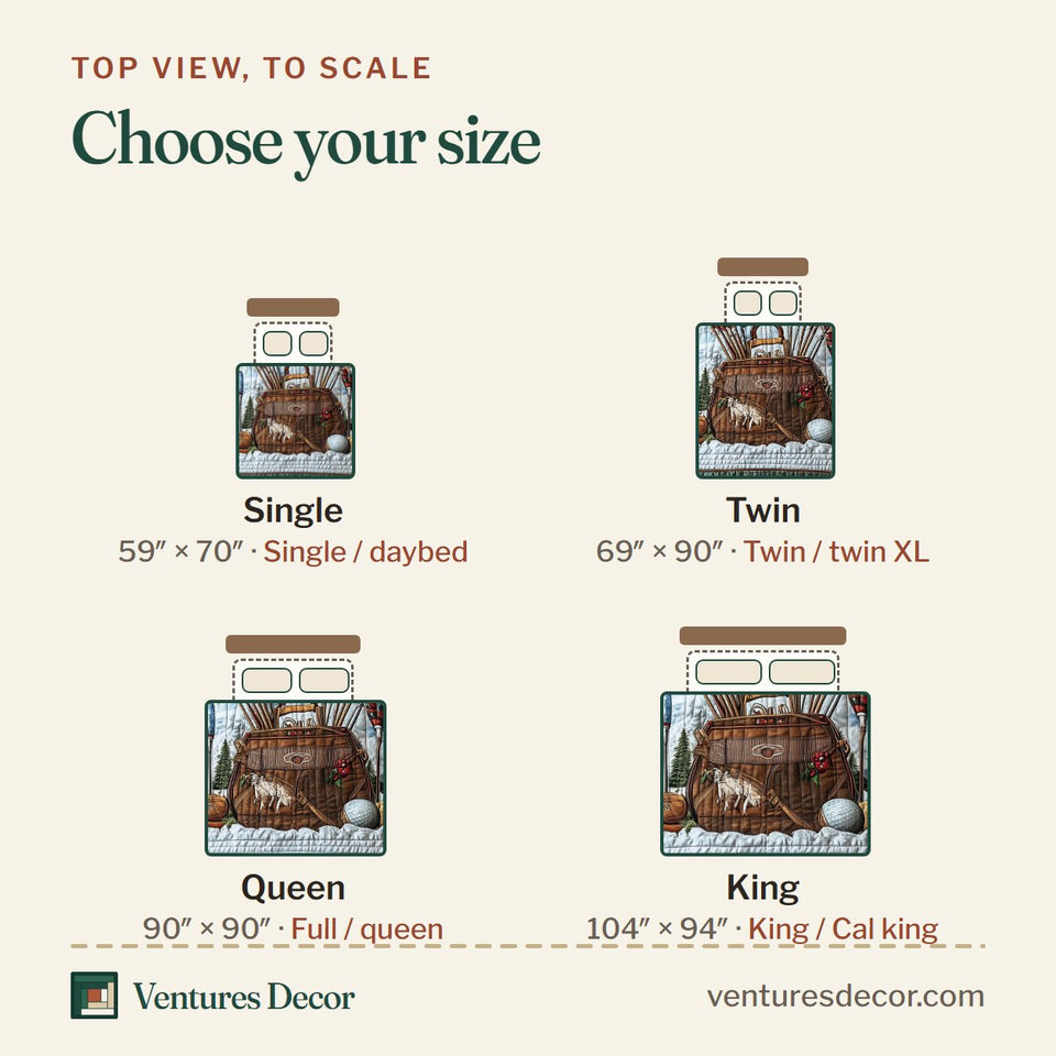 Size guide for the Golf Life Tweed Border Tee Off quilt, top view to scale: Single 59 x 70 in, Twin 69 x 90 in, Queen 90 x 90 in, King 104 x 94 in