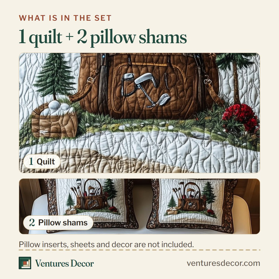 What is in the set: one quilt and two pillow shams, shown in the Golf Life Winter Frame Cardinal design
