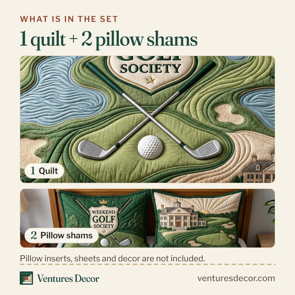What is in the set: one quilt and two pillow shams, shown in the Golf Retreat Fairway Crest and Crossed Clubs design