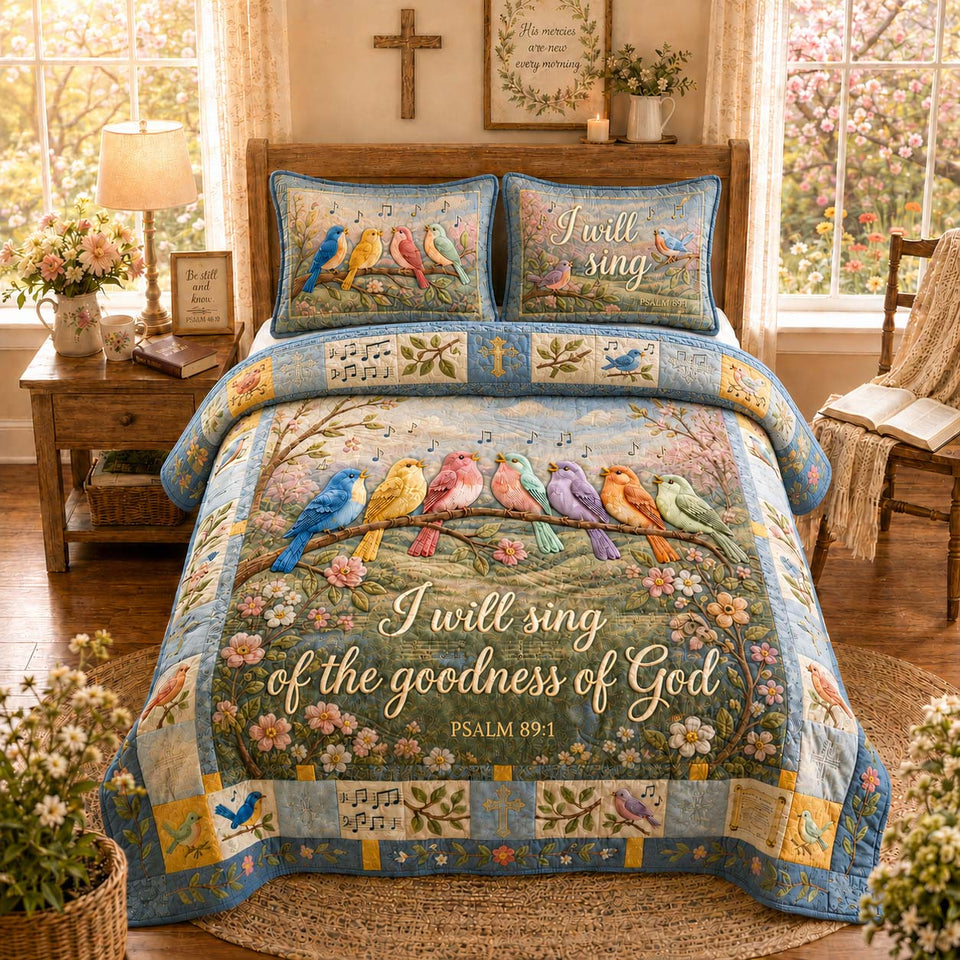 Goodness Song Birds quilted bedding set, quilt and two pillow shams on a made bed