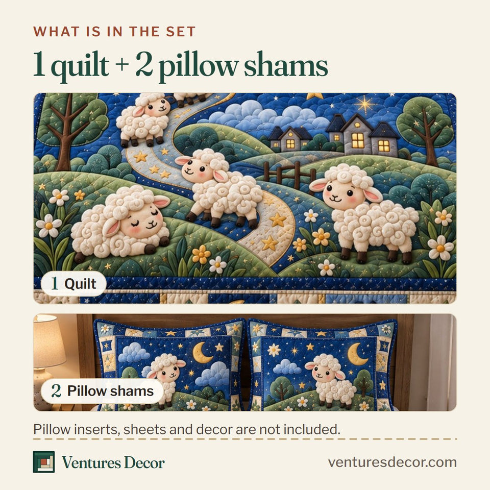 What is in the set: one quilt and two pillow shams, shown in the Goodnight Little Lambs design