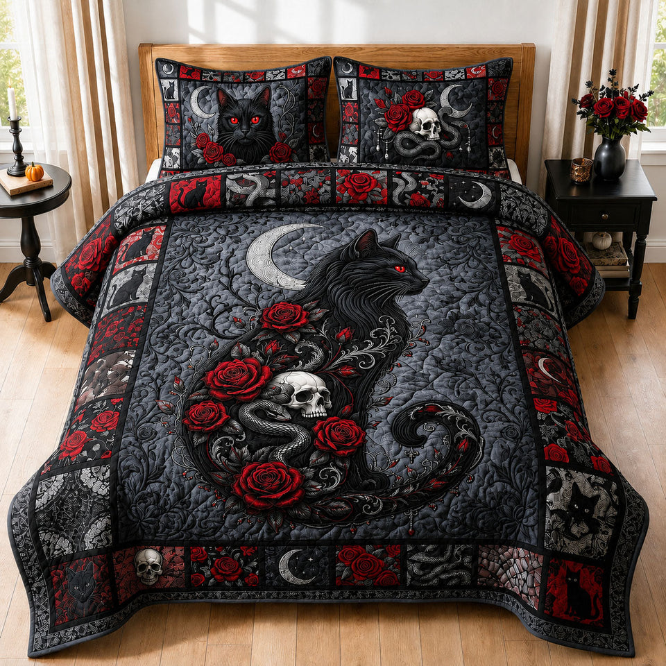 Gothic Black Cat quilted bedding set, quilt and two pillow shams on a made bed