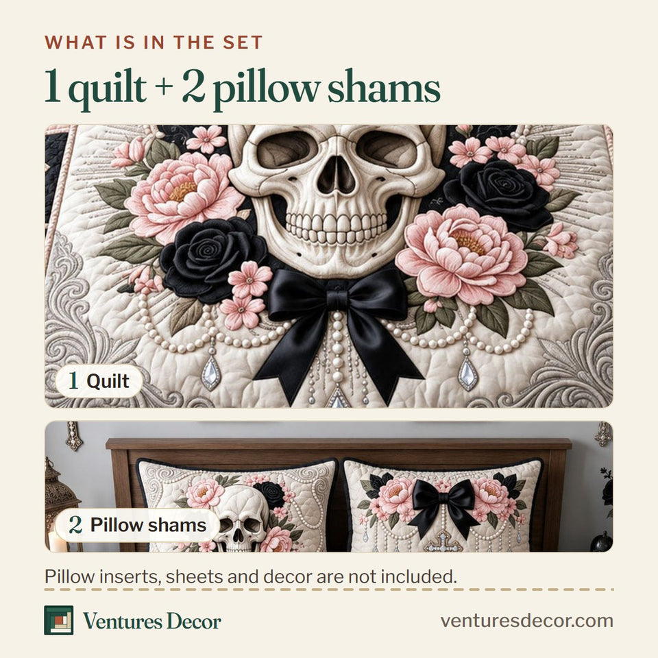 What is in the set: one quilt and two pillow shams, shown in the Gothic Pearl Skull design