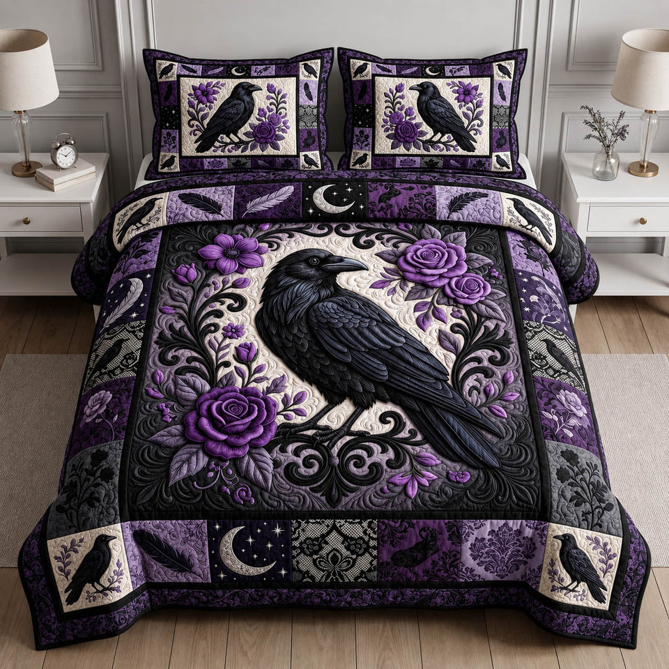 Gothic Raven Purple Rose Frame quilted bedding set, quilt and two pillow shams on a made bed