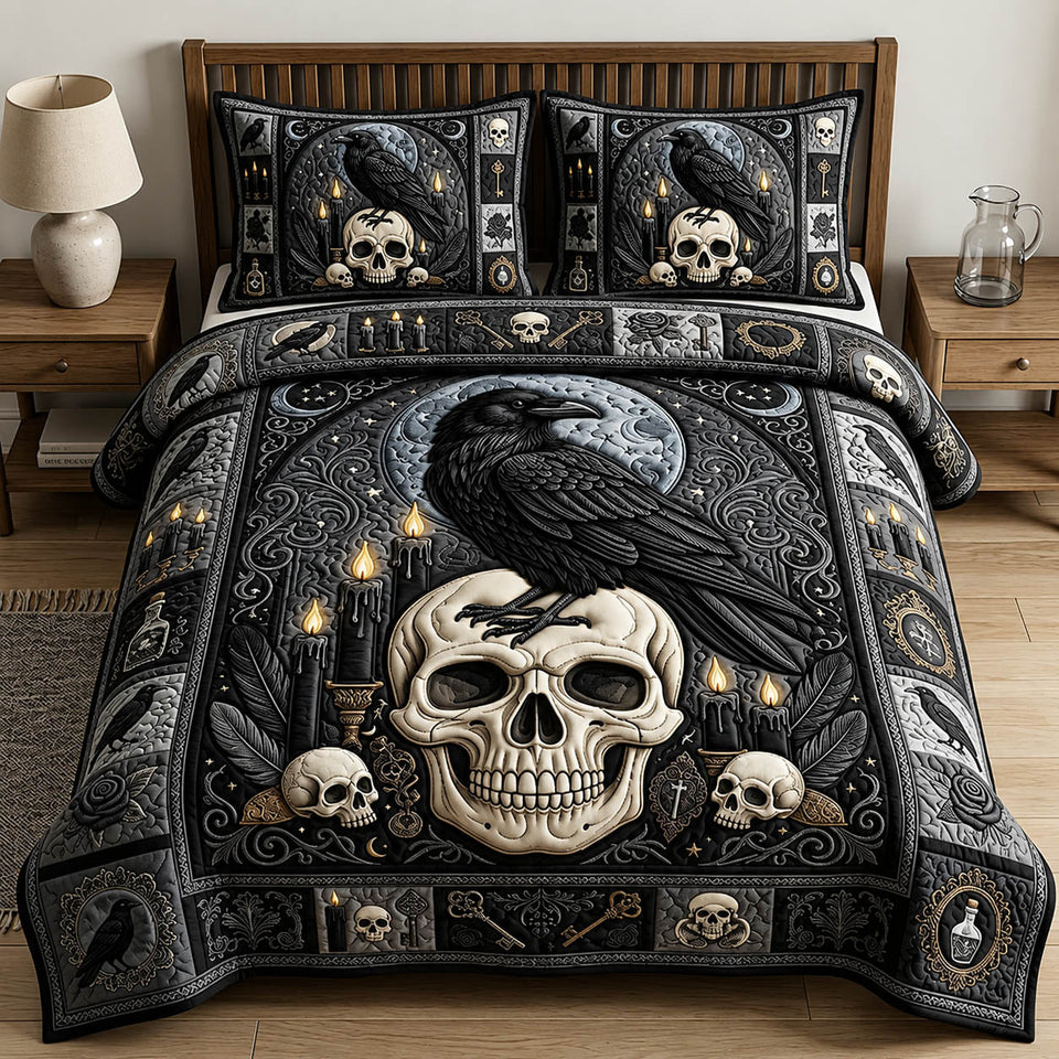 Gothic Raven Skull Perched Above the Moon quilted bedding set, quilt and two pillow shams on a made bed