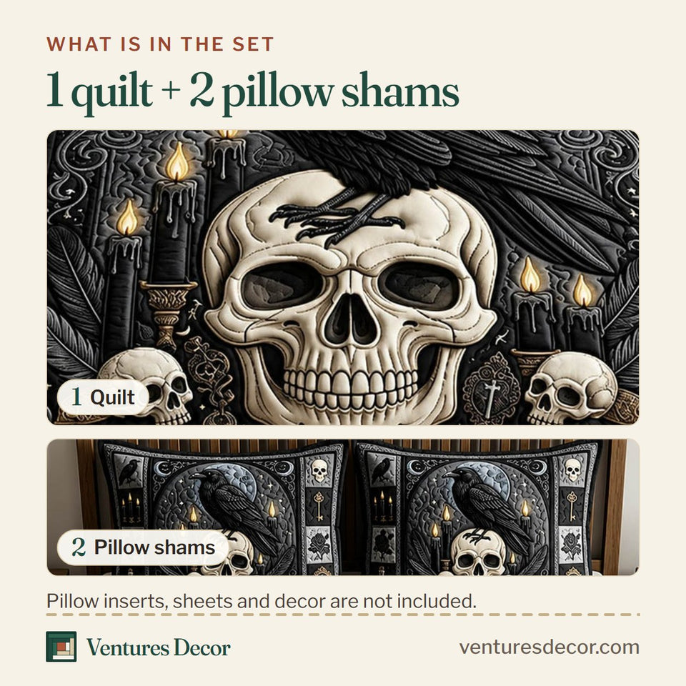 What is in the set: one quilt and two pillow shams, shown in the Gothic Raven Skull Perched Above the Moon design