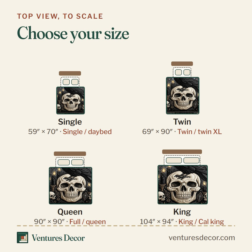 Size guide for the Gothic Raven Skull Perched Above the Moon quilt, top view to scale: Single 59 x 70 in, Twin 69 x 90 in, Queen 90 x 90 in, King 104 x 94 in
