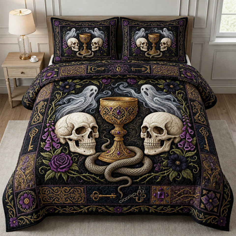 Gothic Skull Chalice quilted bedding set, quilt and two pillow shams on a made bed