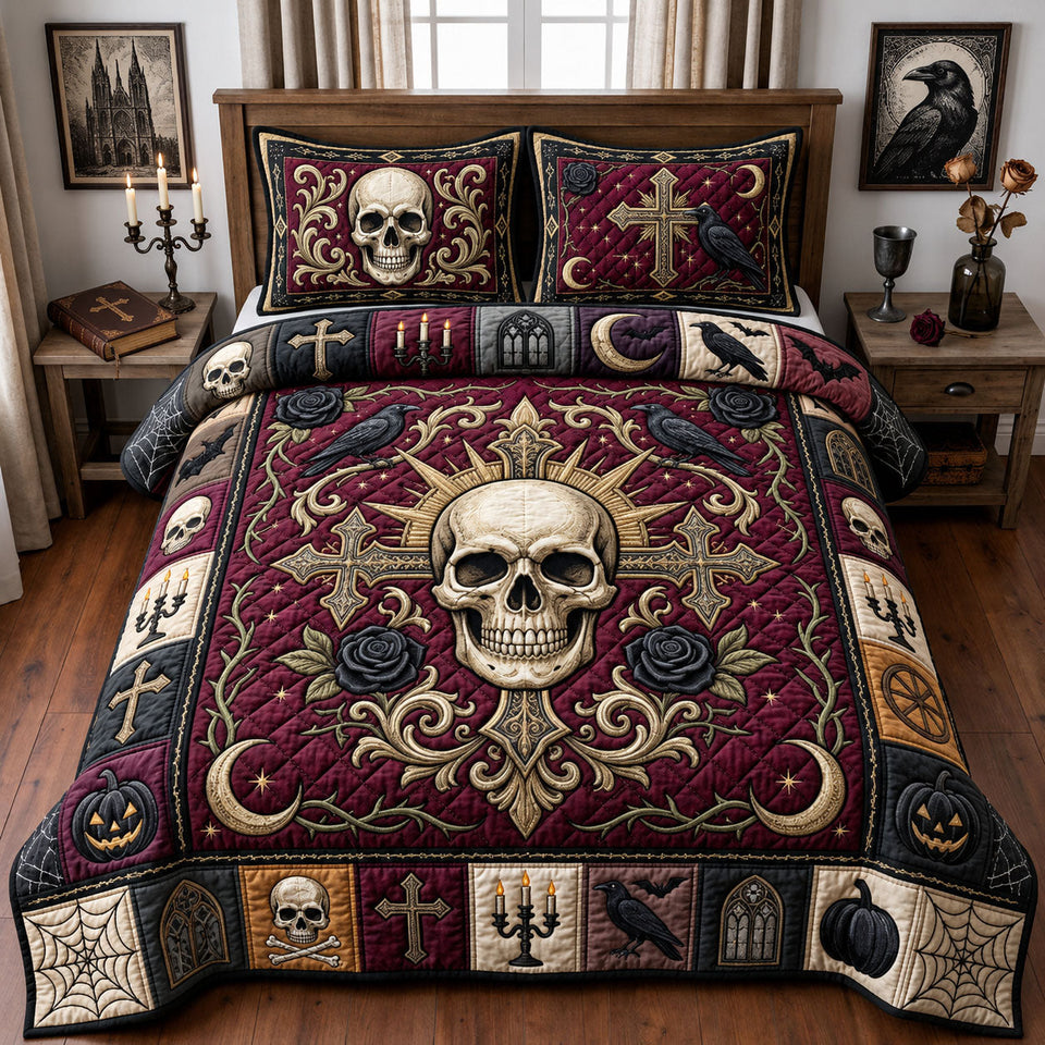 Gothic Skull Cross Burgundy Scroll quilted bedding set, quilt and two pillow shams on a made bed
