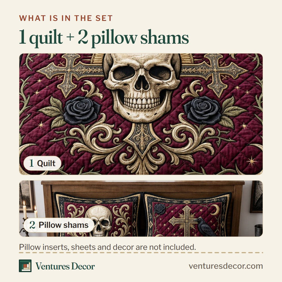 What is in the set: one quilt and two pillow shams, shown in the Gothic Skull Cross Burgundy Scroll design