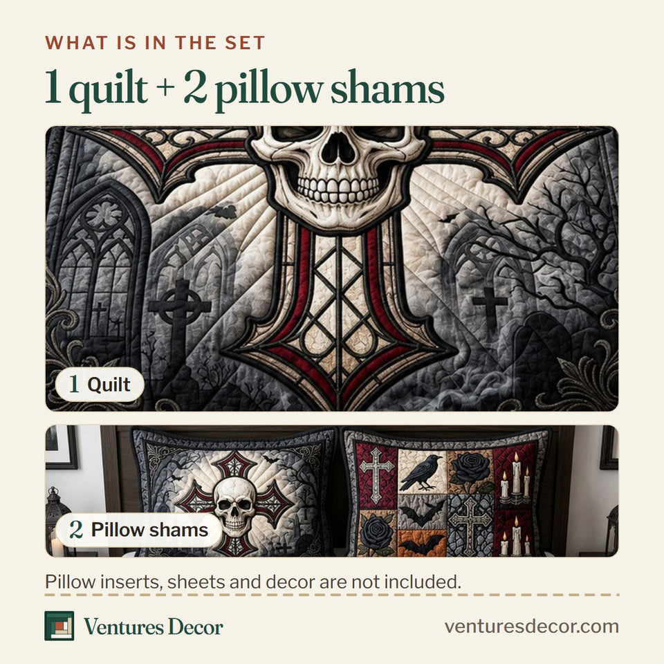 What is in the set: one quilt and two pillow shams, shown in the Gothic Skull Cross Grey Stone Blocks design