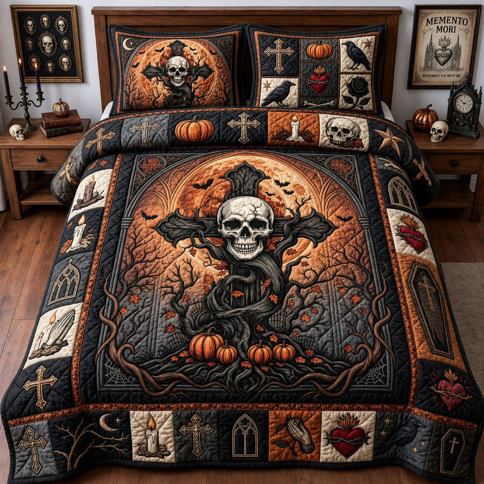 Gothic Skull Cross Pumpkin Orange Night quilted bedding set, quilt and two pillow shams on a made bed