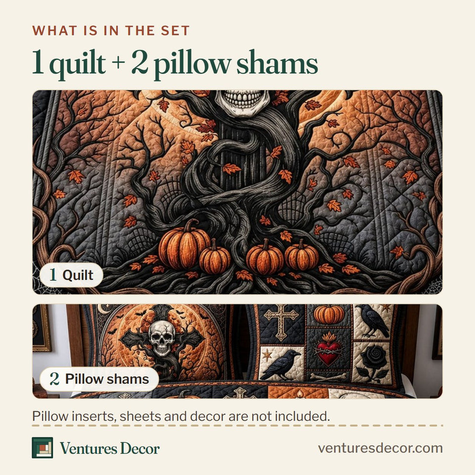 What is in the set: one quilt and two pillow shams, shown in the Gothic Skull Cross Pumpkin Orange Night design