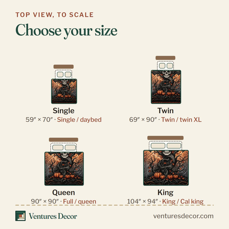 Size guide for the Gothic Skull Cross Pumpkin Orange Night quilt, top view to scale: Single 59 x 70 in, Twin 69 x 90 in, Queen 90 x 90 in, King 104 x 94 in