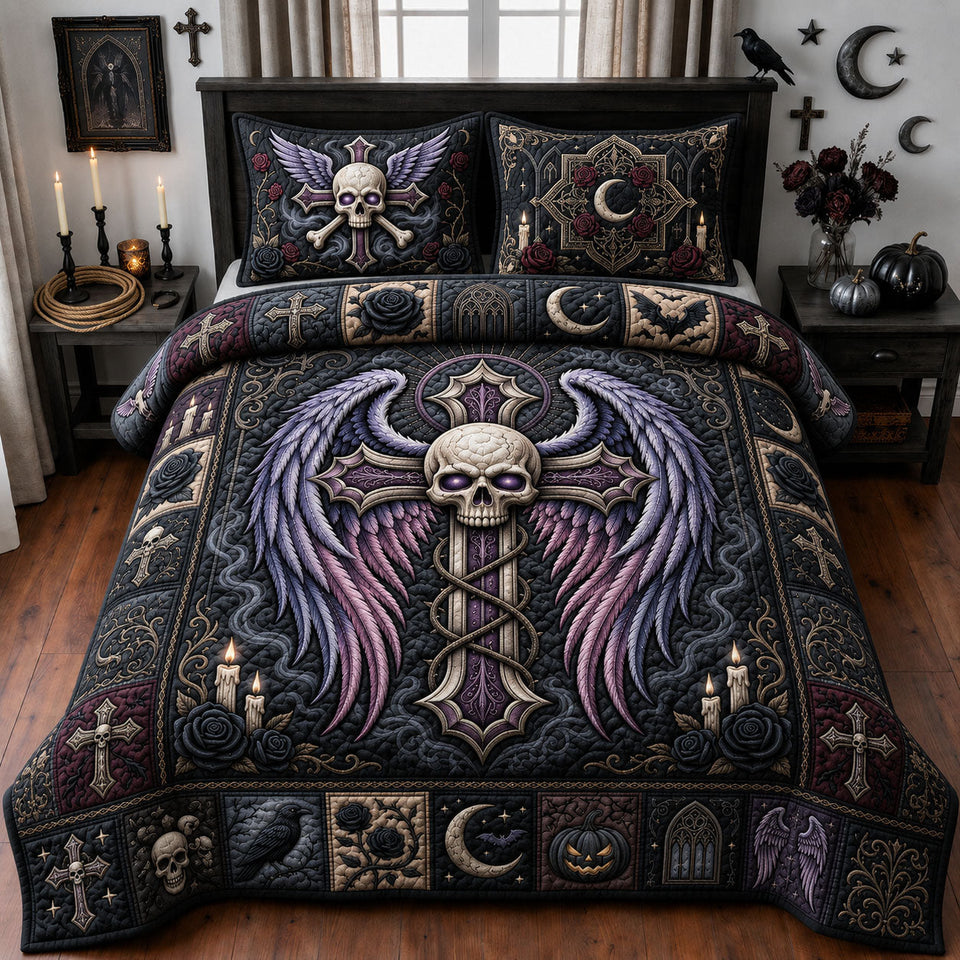 Gothic Skull Cross Winged Violet Sword quilted bedding set, quilt and two pillow shams on a made bed