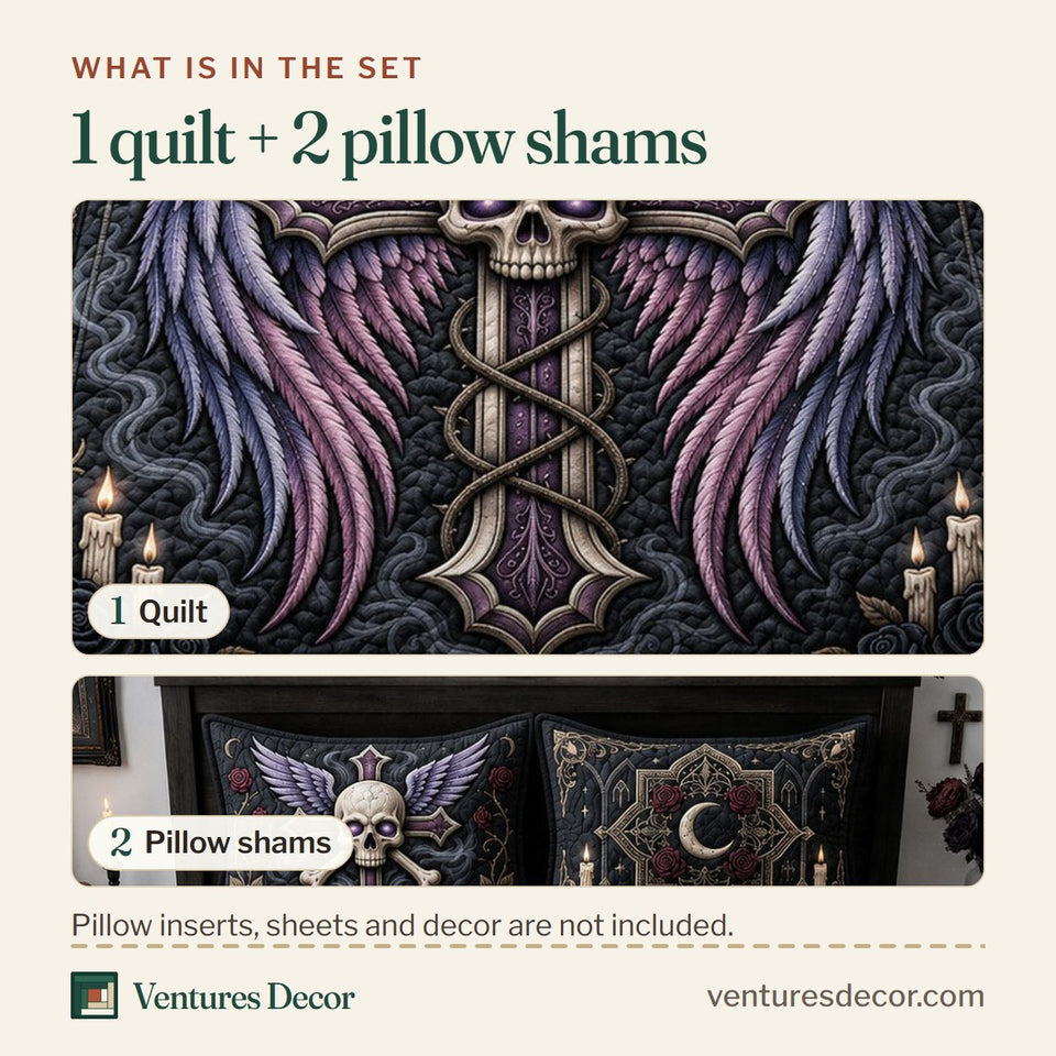 What is in the set: one quilt and two pillow shams, shown in the Gothic Skull Cross Winged Violet Sword design