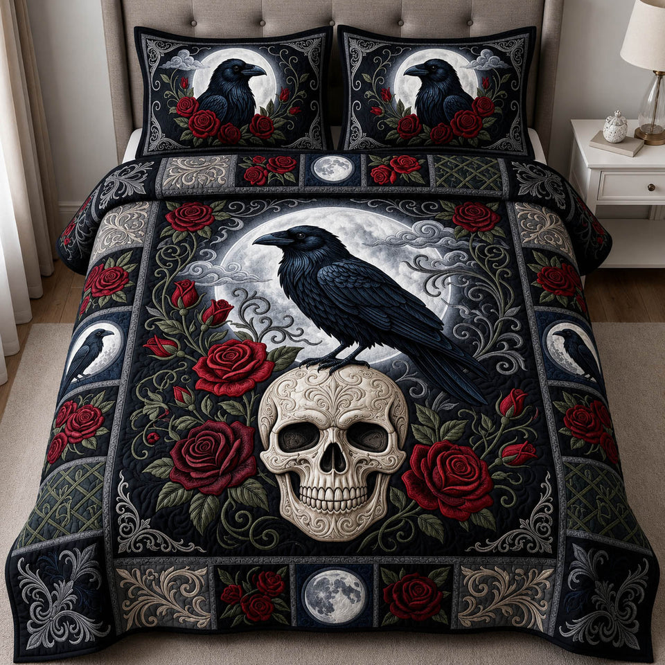 Gothic Skull Raven Rose quilted bedding set, quilt and two pillow shams on a made bed
