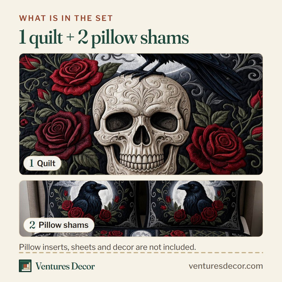What is in the set: one quilt and two pillow shams, shown in the Gothic Skull Raven Rose design