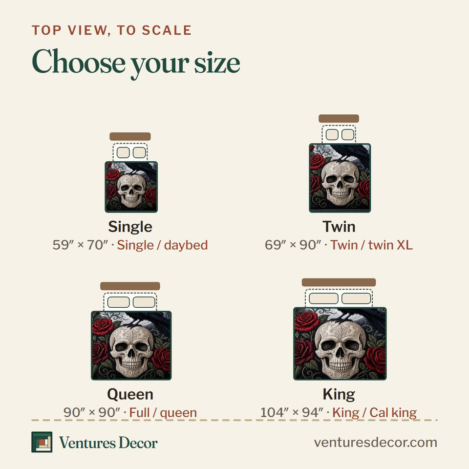Size guide for the Gothic Skull Raven Rose quilt, top view to scale: Single 59 x 70 in, Twin 69 x 90 in, Queen 90 x 90 in, King 104 x 94 in