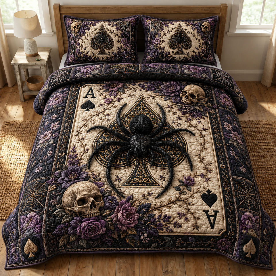 Gothic Spade Widow quilted bedding set, quilt and two pillow shams on a made bed