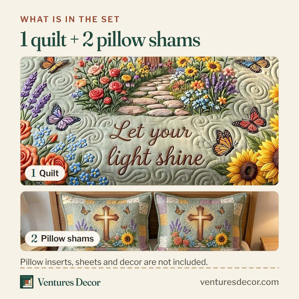 What is in the set: one quilt and two pillow shams, shown in the Grace In Bloom Wooden Cross and Sunflowers design