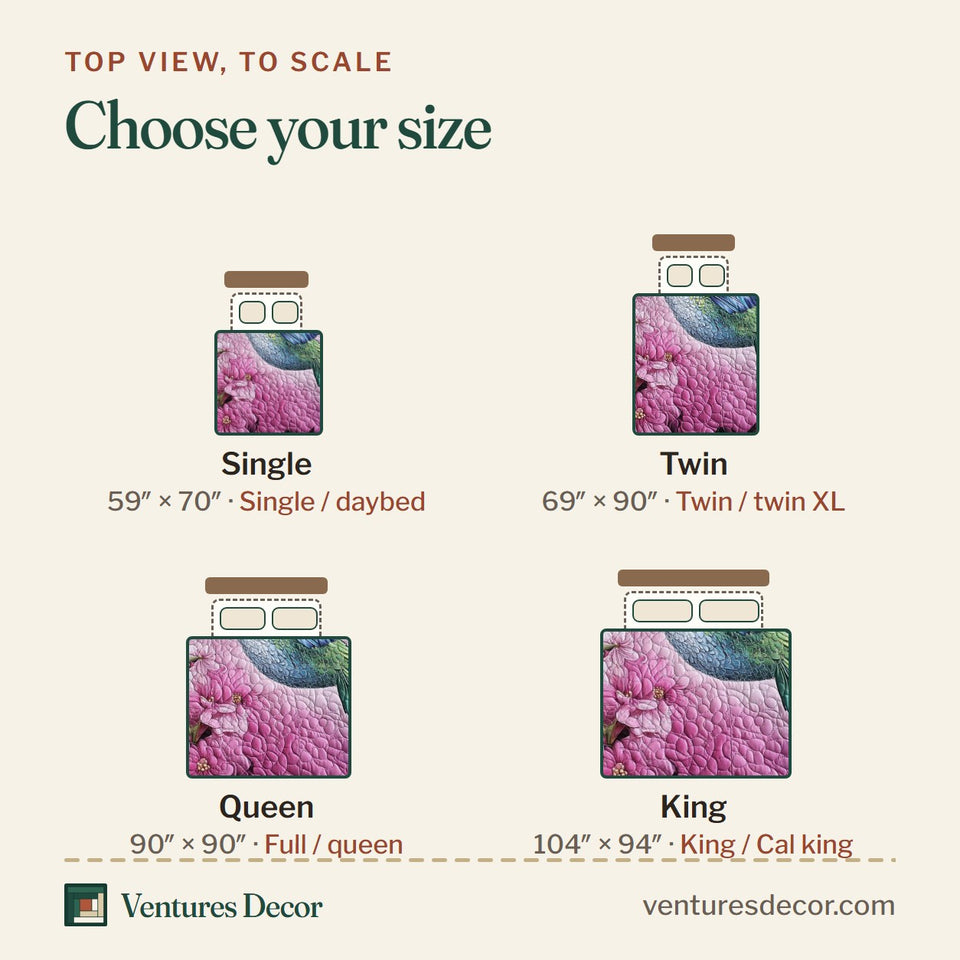 Size guide for the Graceful Hover quilt, top view to scale: Single 59 x 70 in, Twin 69 x 90 in, Queen 90 x 90 in, King 104 x 94 in