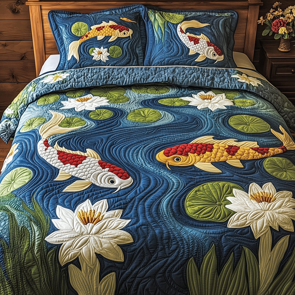 Graceful Koi Symphony quilted bedding set, quilt and two pillow shams on a made bed