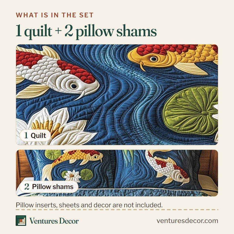 What is in the set: one quilt and two pillow shams, shown in the Graceful Koi Symphony design