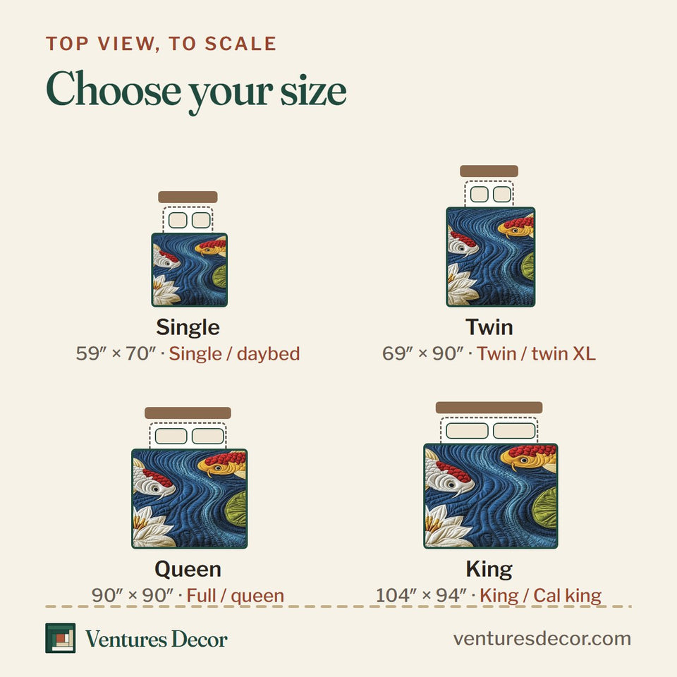 Size guide for the Graceful Koi Symphony quilt, top view to scale: Single 59 x 70 in, Twin 69 x 90 in, Queen 90 x 90 in, King 104 x 94 in