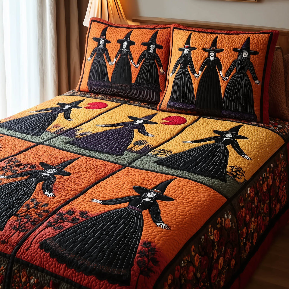 Gracefully Witchy Four Block Coven quilted bedding set, quilt and two pillow shams on a made bed