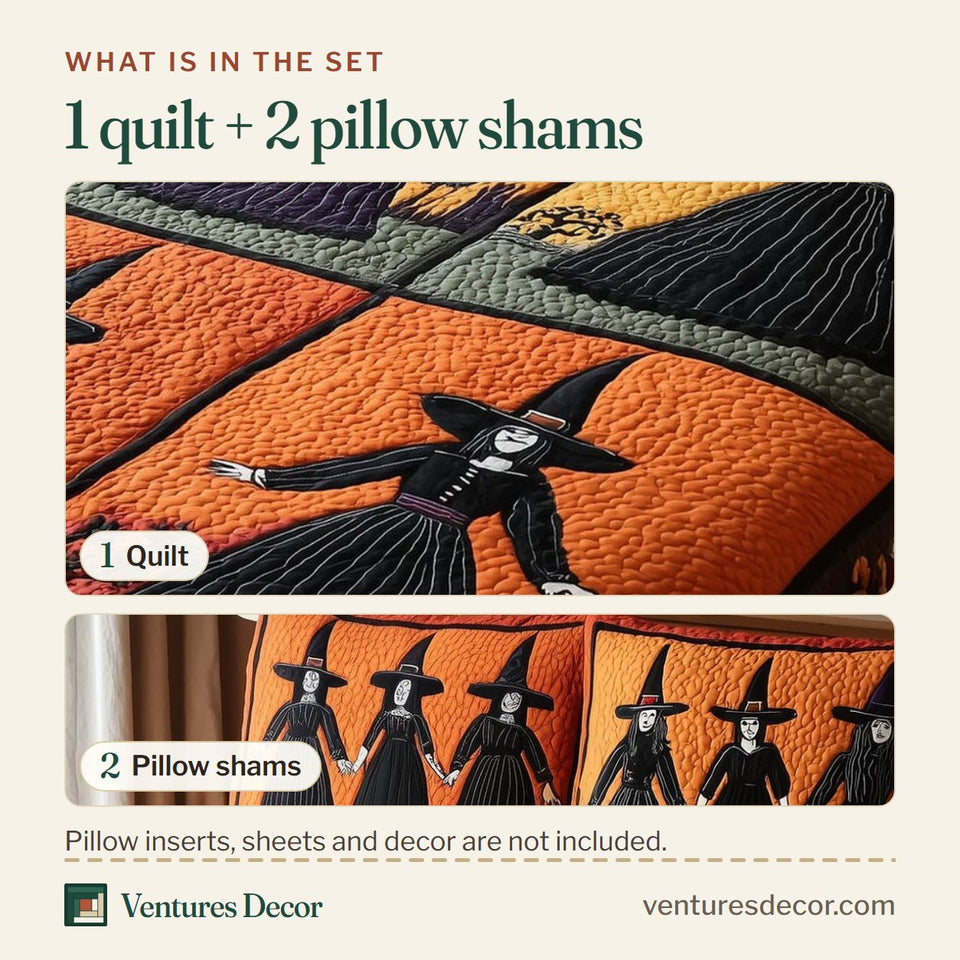What is in the set: one quilt and two pillow shams, shown in the Gracefully Witchy Four Block Coven design