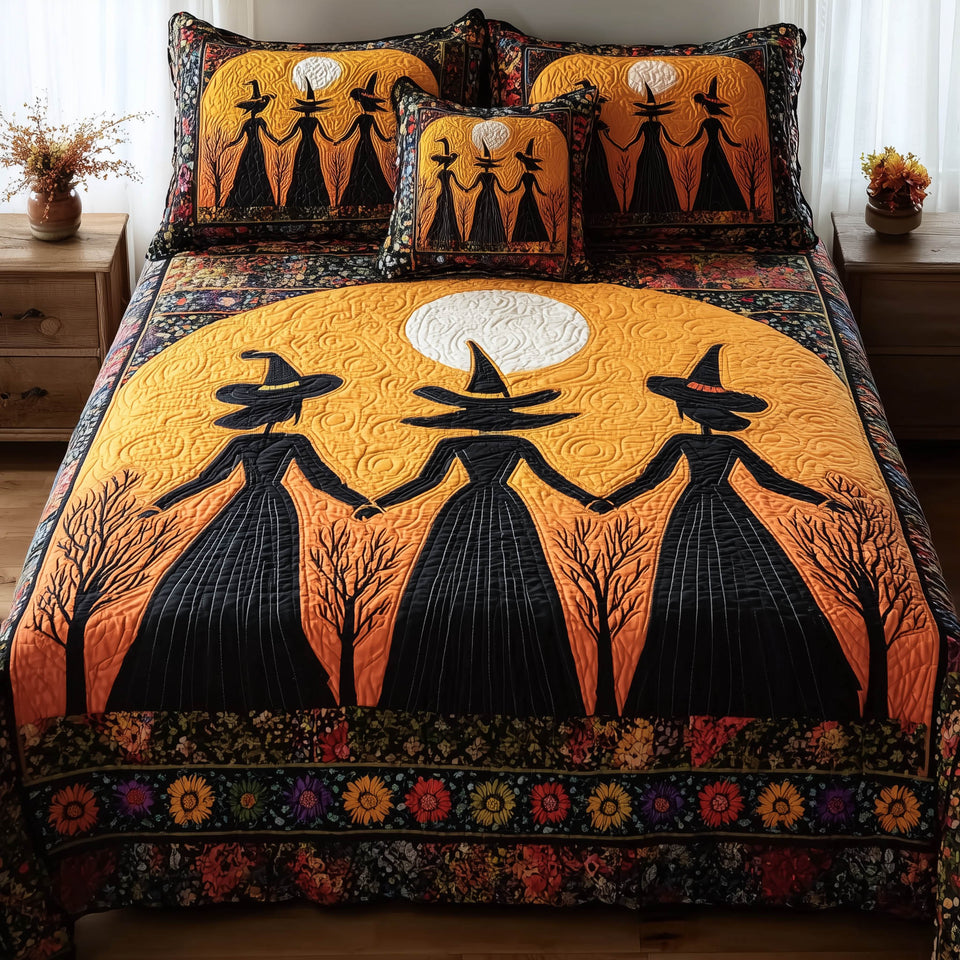 Gracefully Witchy Trio Under the Full Moon quilted bedding set, quilt and two pillow shams on a made bed
