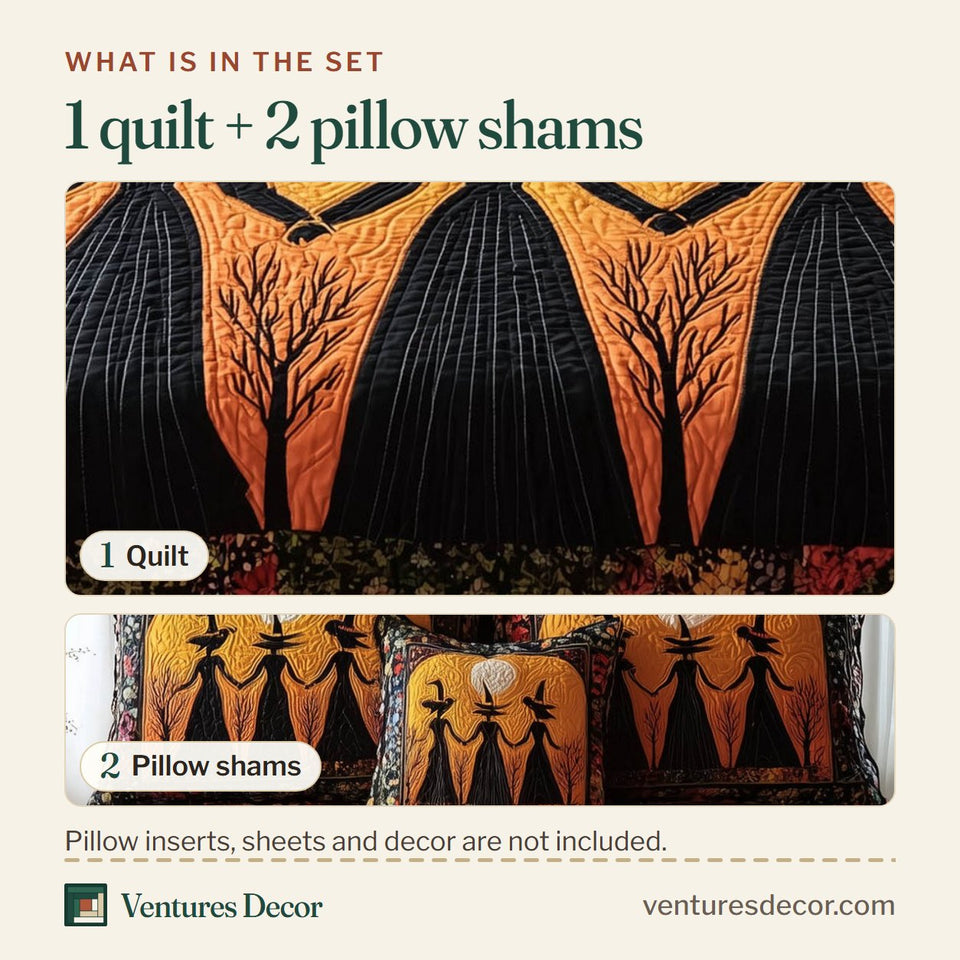 What is in the set: one quilt and two pillow shams, shown in the Gracefully Witchy Trio Under the Full Moon design