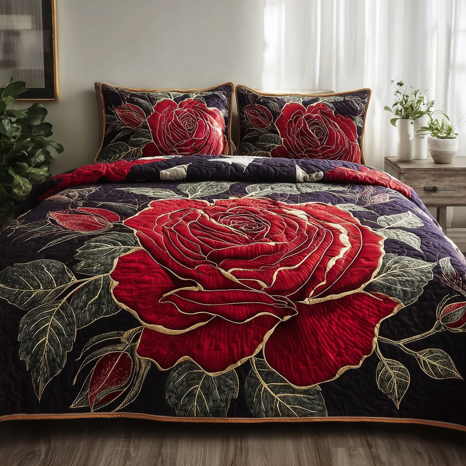 Grand Crimson Rose Dusk quilted bedding set, quilt and two pillow shams on a made bed