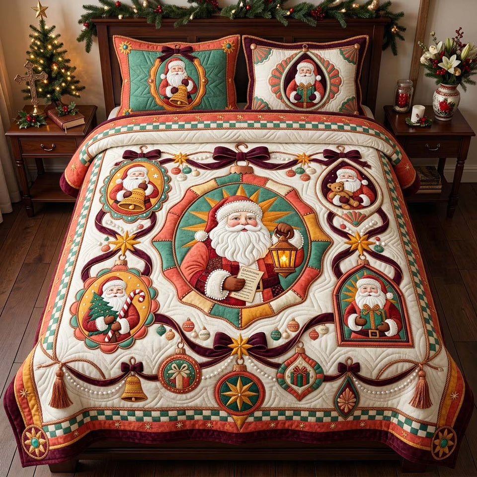 Grand Santa Ornament Gallery quilted bedding set, quilt and two pillow shams on a made bed