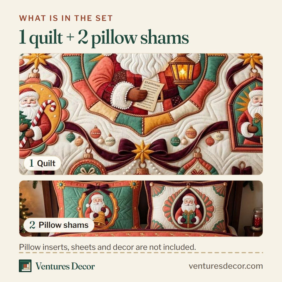 What is in the set: one quilt and two pillow shams, shown in the Grand Santa Ornament Gallery design