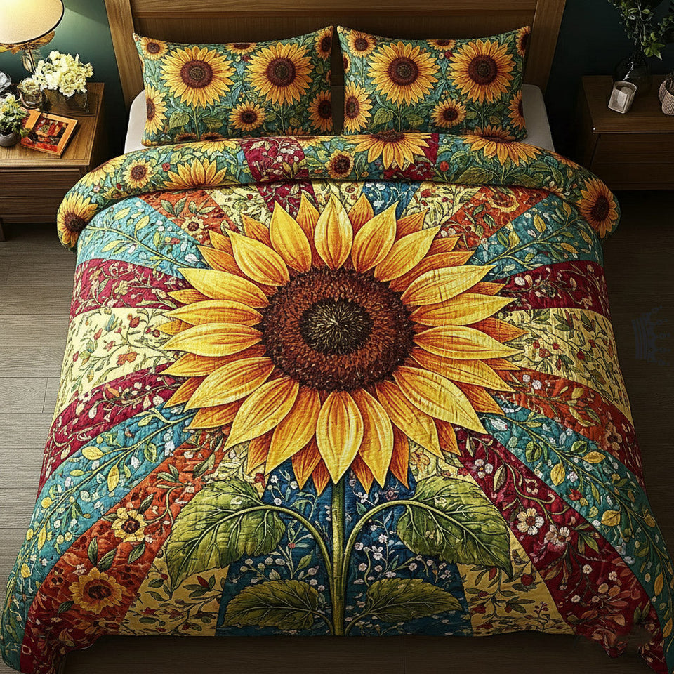 Grand Sunflower Radiance quilted bedding set, quilt and two pillow shams on a made bed