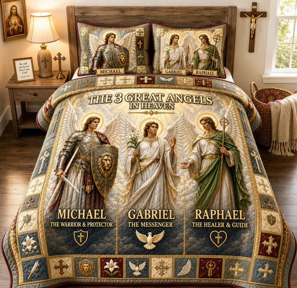 Great Angels In Heaven quilted bedding set, quilt and two pillow shams on a made bed