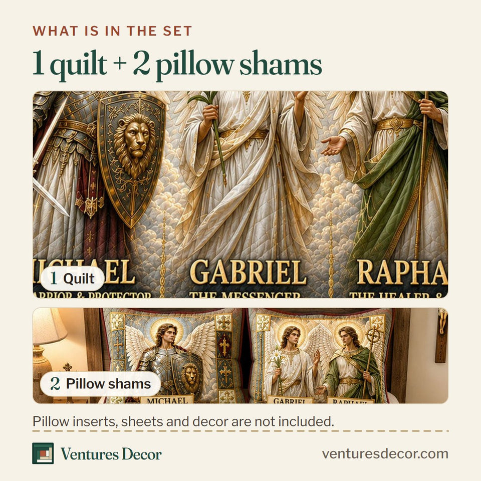 What is in the set: one quilt and two pillow shams, shown in the Great Angels In Heaven design