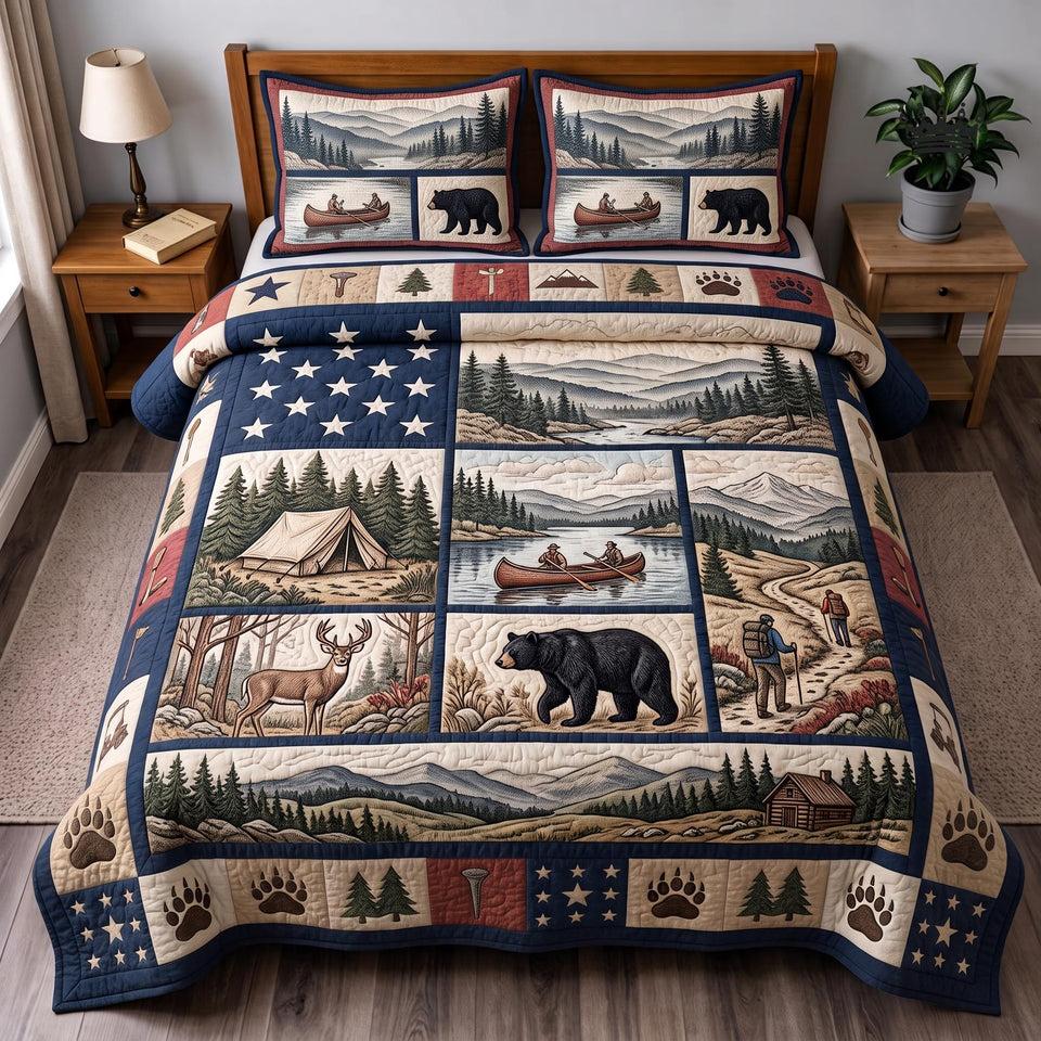 Great Smoky Mountains Flag Block Wildlife quilted bedding set, quilt and two pillow shams on a made bed