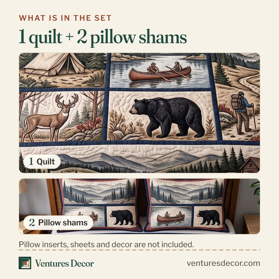 What is in the set: one quilt and two pillow shams, shown in the Great Smoky Mountains Flag Block Wildlife design
