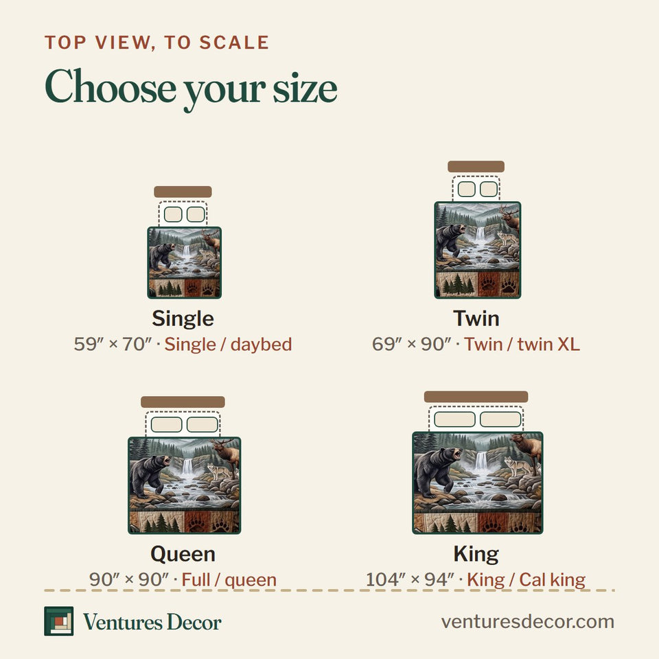 Size guide for the Great Smoky Mountains Waterfall Bear and Elk quilt, top view to scale: Single 59 x 70 in, Twin 69 x 90 in, Queen 90 x 90 in, King 104 x 94 in