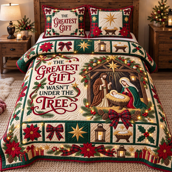 Greatest Gift Nativity quilted bedding set, quilt and two pillow shams on a made bed